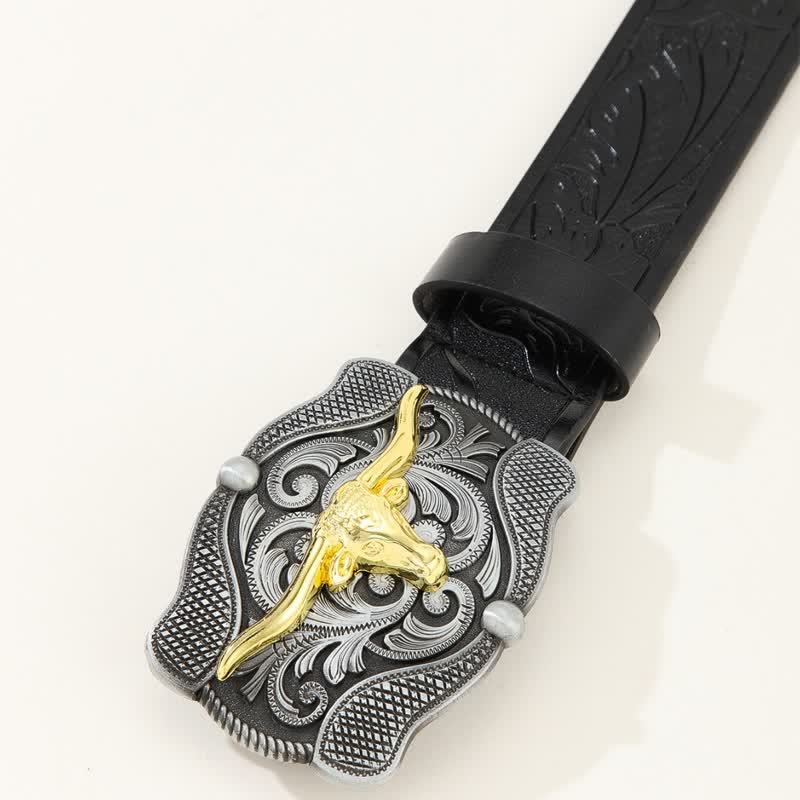 Men's Square Golden Longhorn Bull Leather Belt - image 22