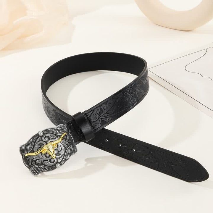 Men's Square Golden Longhorn Bull Leather Belt - image 21