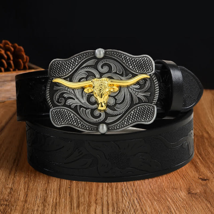 Men's Square Golden Longhorn Bull Leather Belt - Style #10 - 36 - image 19