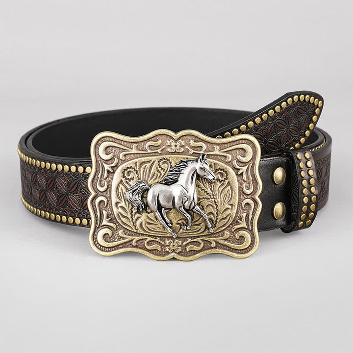 Running Horse Rivet Stubbed Dark Brown Leather Belt - Horse - 42 - image 0