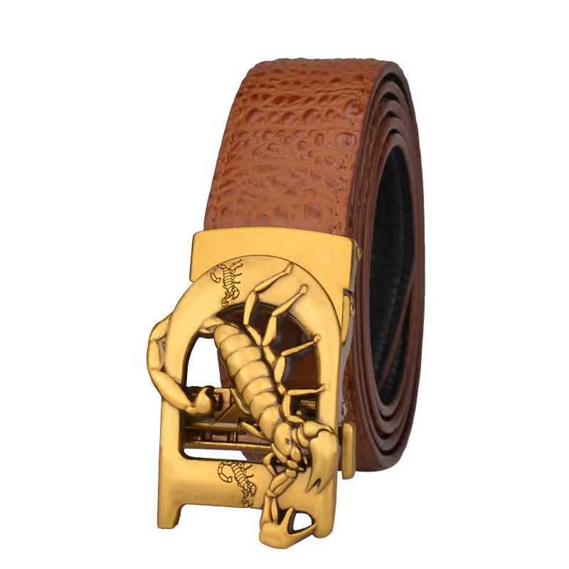 Mne's D-Shaped Crocodile Print Automatic Buckle Leather Belt - Orange / Gold - 46 - image 1