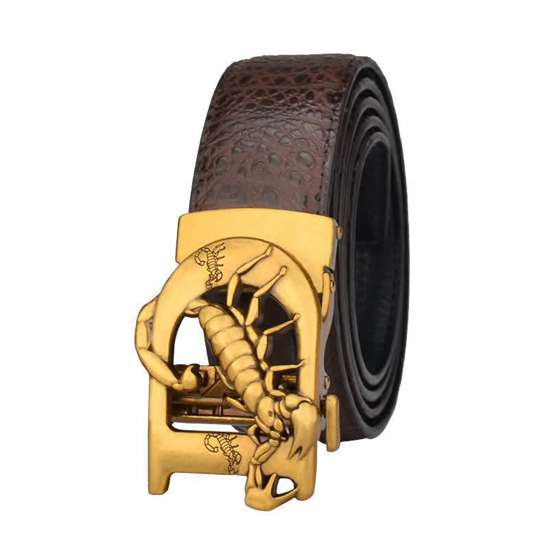 Mne's D-Shaped Crocodile Print Automatic Buckle Leather Belt - Coffee / Gold - 46 - image 12
