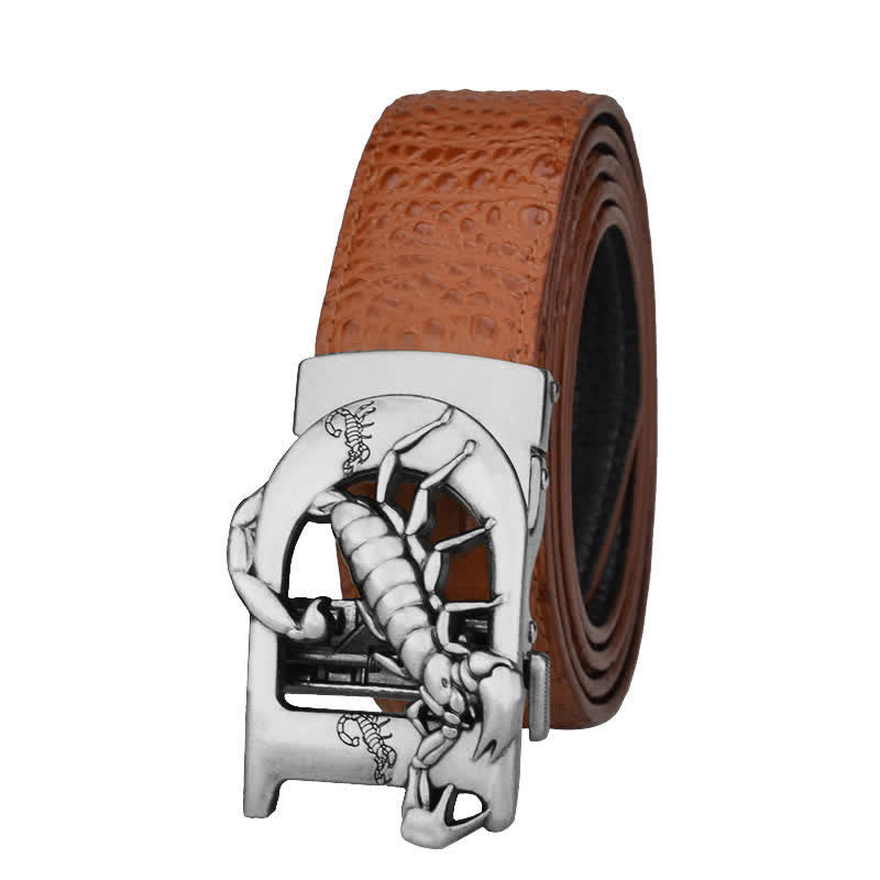 Mne's D-Shaped Crocodile Print Automatic Buckle Leather Belt - Orange / Silver - 46 - image 5