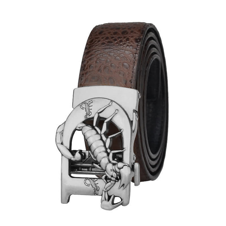 Mne's D-Shaped Crocodile Print Automatic Buckle Leather Belt - Coffee / Silver - 46 - image 16