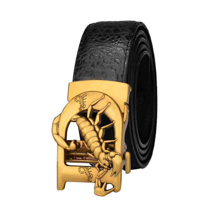 Mne's D-Shaped Crocodile Print Automatic Buckle Leather Belt - Black / Gold - 46 - image 6