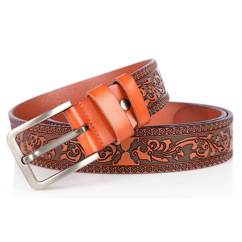 Men's Luxury Flower Embossed Pattern Leather Belt - Orange - 44 - image 11