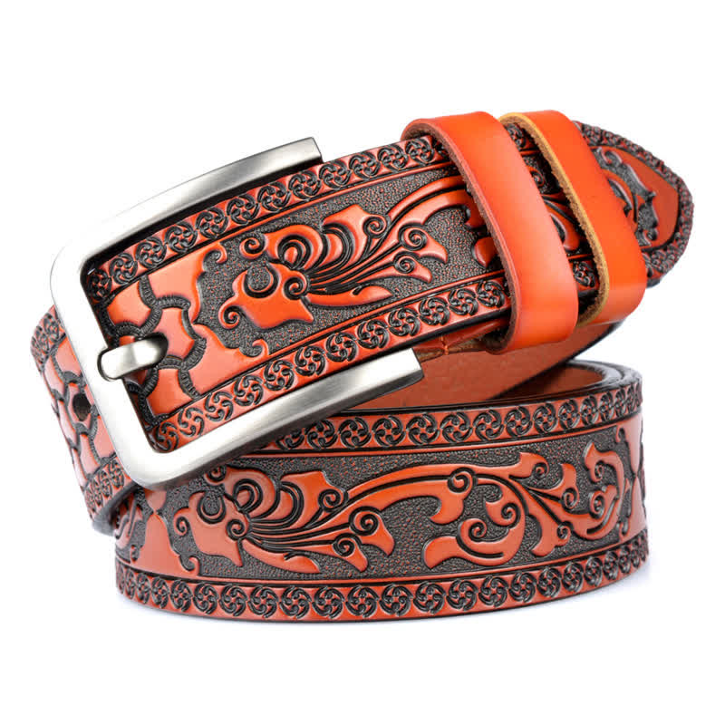 Men's Luxury Flower Embossed Pattern Leather Belt - Orange - 44 - image 11