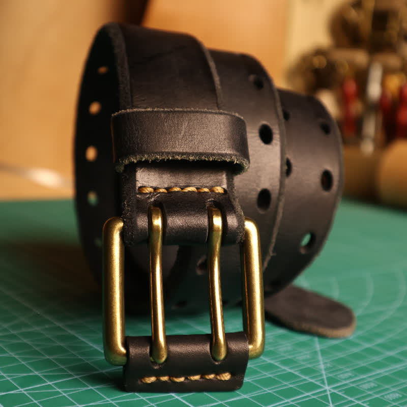 Men's Double Needle Buckle Casual Jean Leather Belt - Black - 46 - image 4
