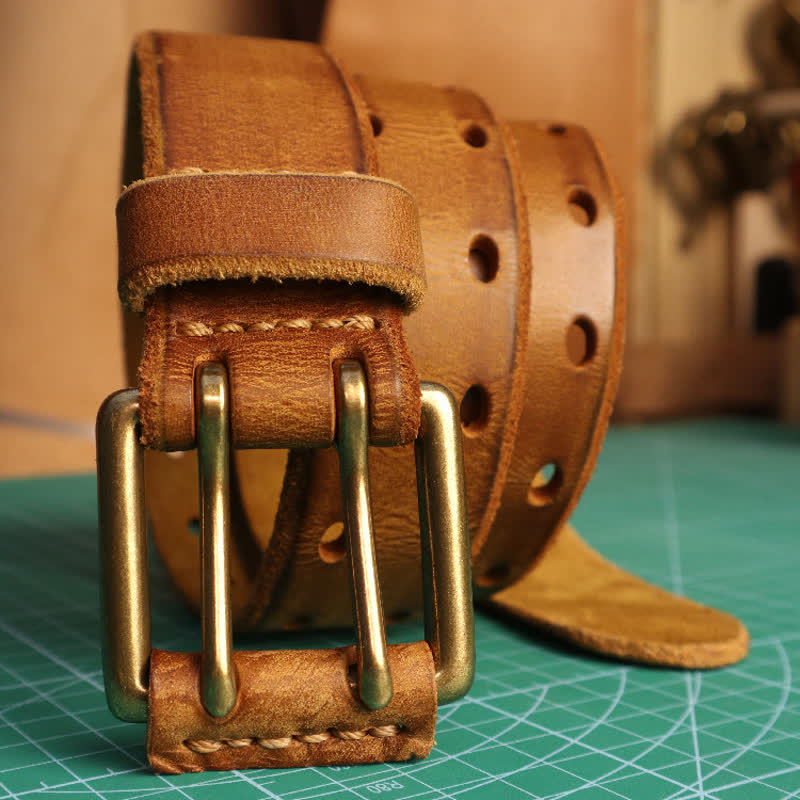 Men's Double Needle Buckle Casual Jean Leather Belt - Yellowish-Brown - 46 - image 0