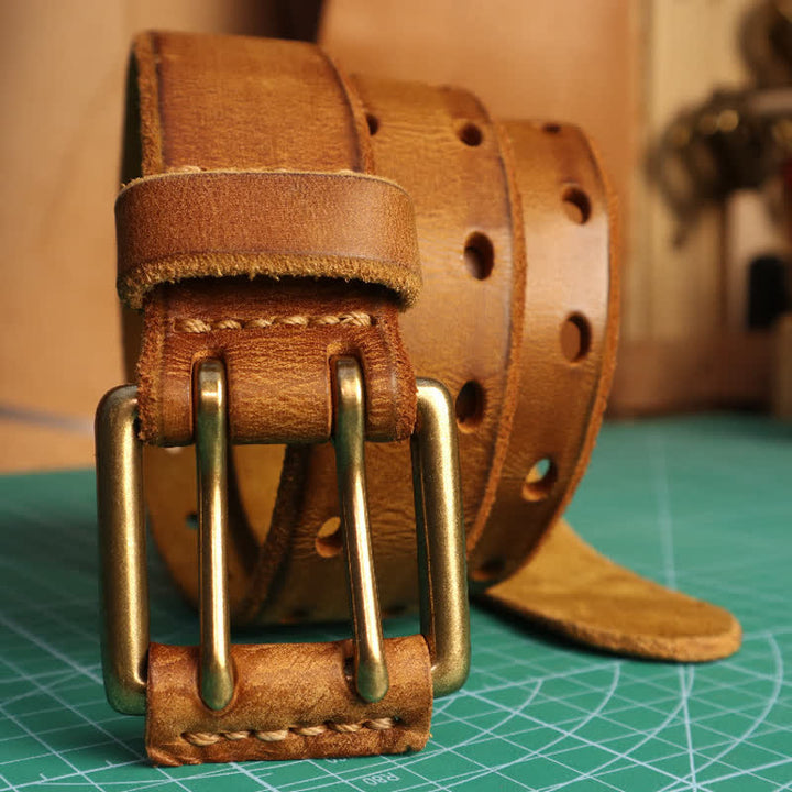 Men's Double Needle Buckle Casual Jean Leather Belt - Yellowish-Brown - 46 - image 0