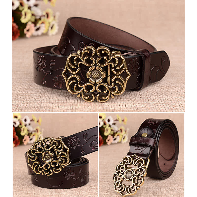 Women's Hollow Sunflower Retro Embossed Leather Belt - image 12