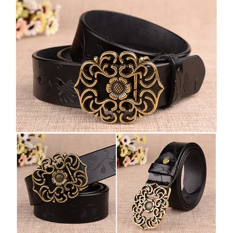 Women's Hollow Sunflower Retro Embossed Leather Belt - image 8