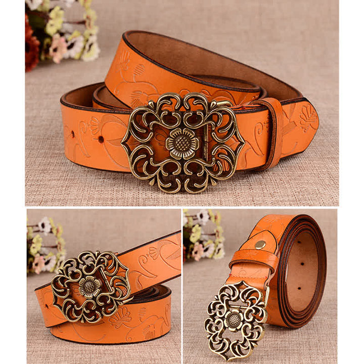 Women's Hollow Sunflower Retro Embossed Leather Belt - image 1