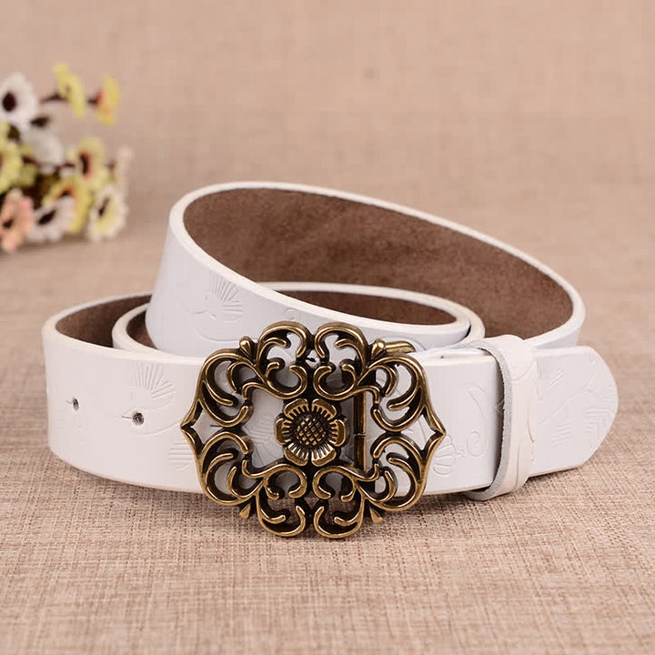 Women's Hollow Sunflower Retro Embossed Leather Belt - White - 40 - image 9