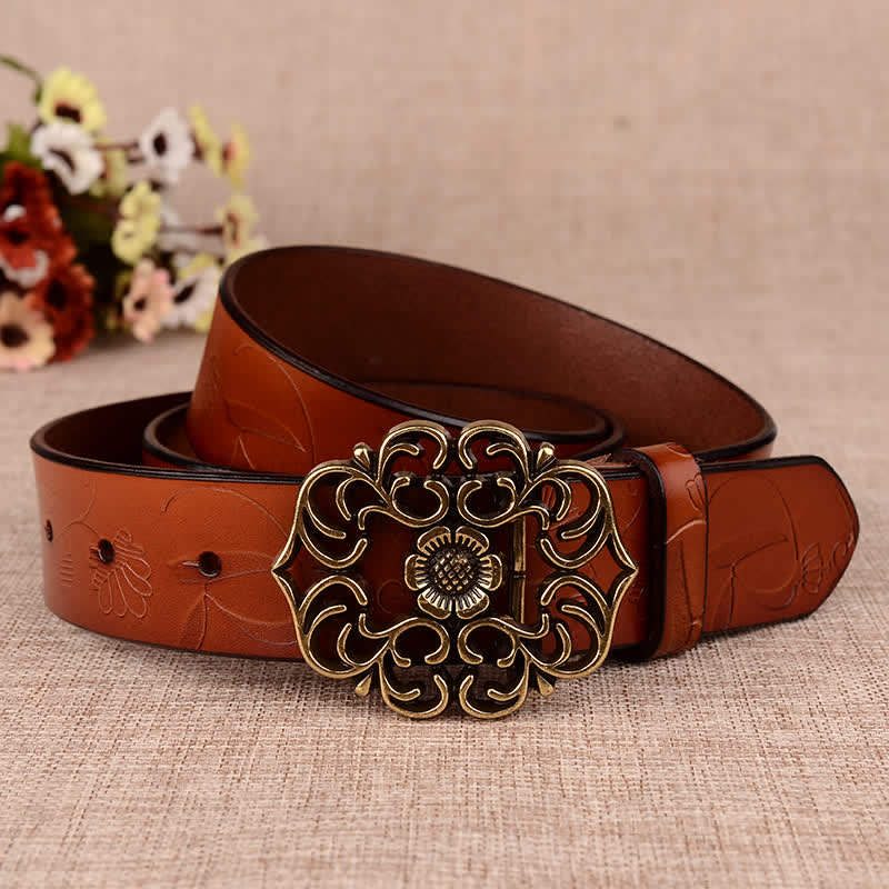 Women's Hollow Sunflower Retro Embossed Leather Belt - Brown - 40 - image 2