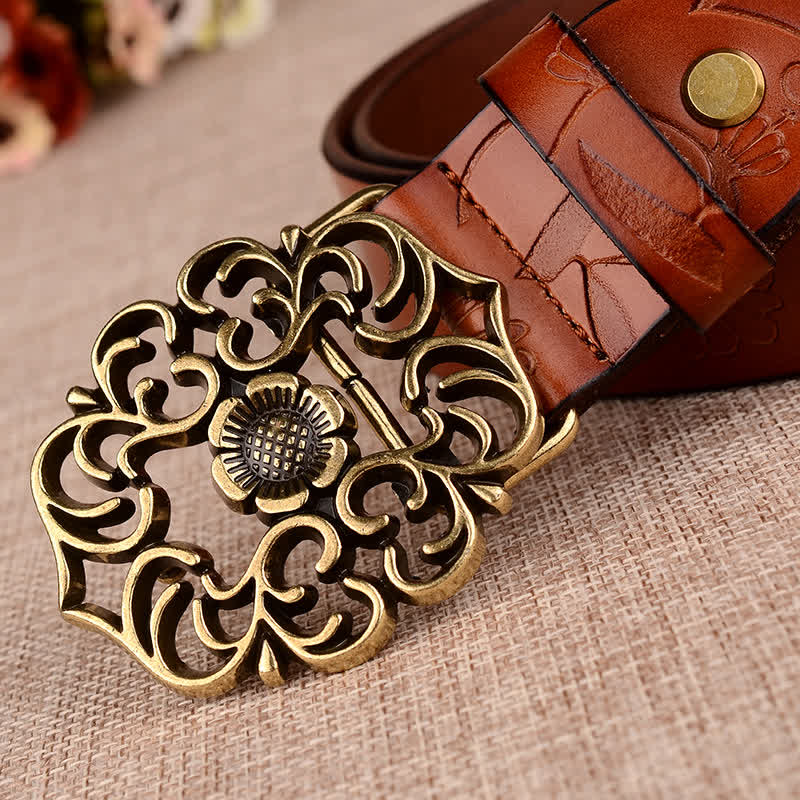 Women's Hollow Sunflower Retro Embossed Leather Belt - image 4