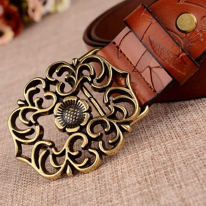 Women's Hollow Sunflower Retro Embossed Leather Belt - image 4