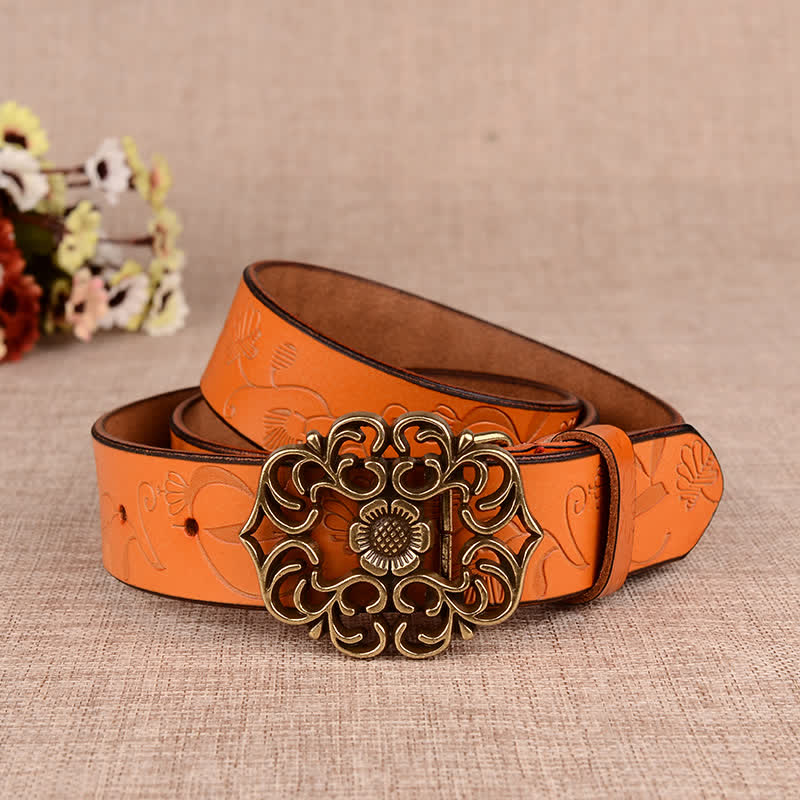 Women's Hollow Sunflower Retro Embossed Leather Belt - Orange - 40 - image 0