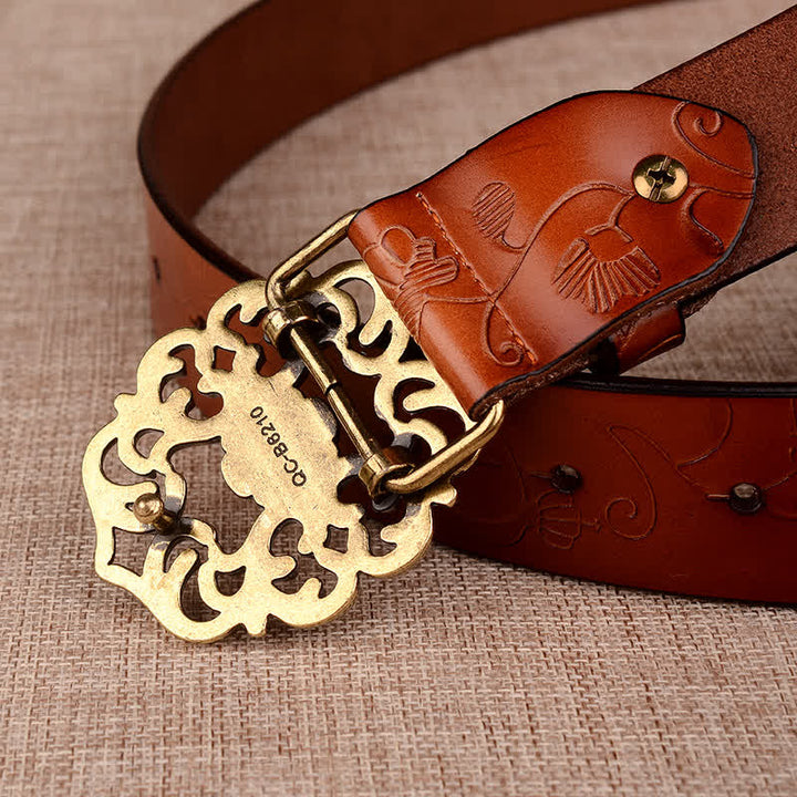 Women's Hollow Sunflower Retro Embossed Leather Belt - image 5