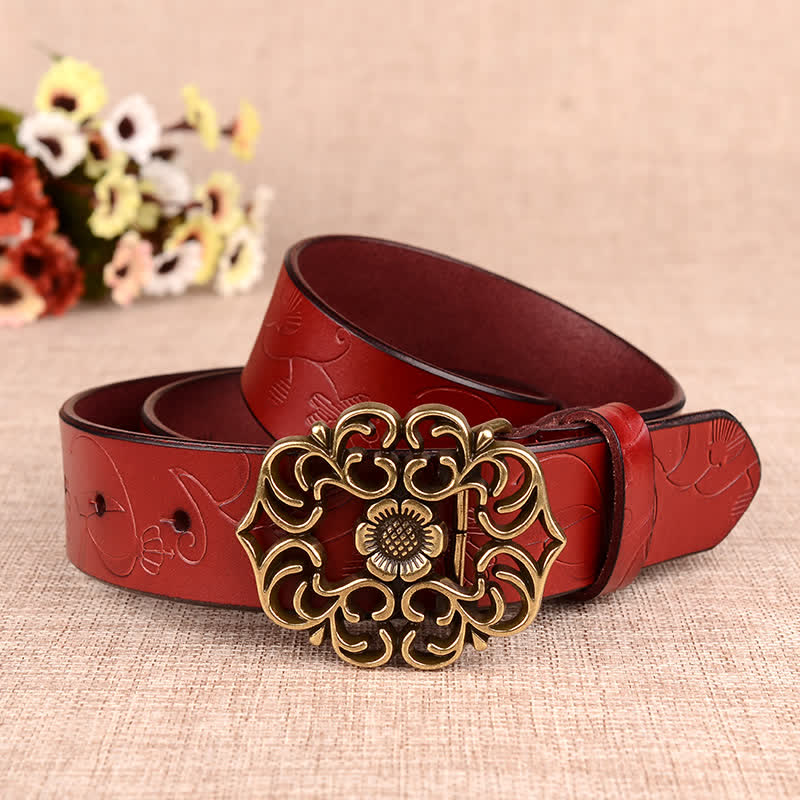 Women's Hollow Sunflower Retro Embossed Leather Belt - Dark Red - 40 - image 13