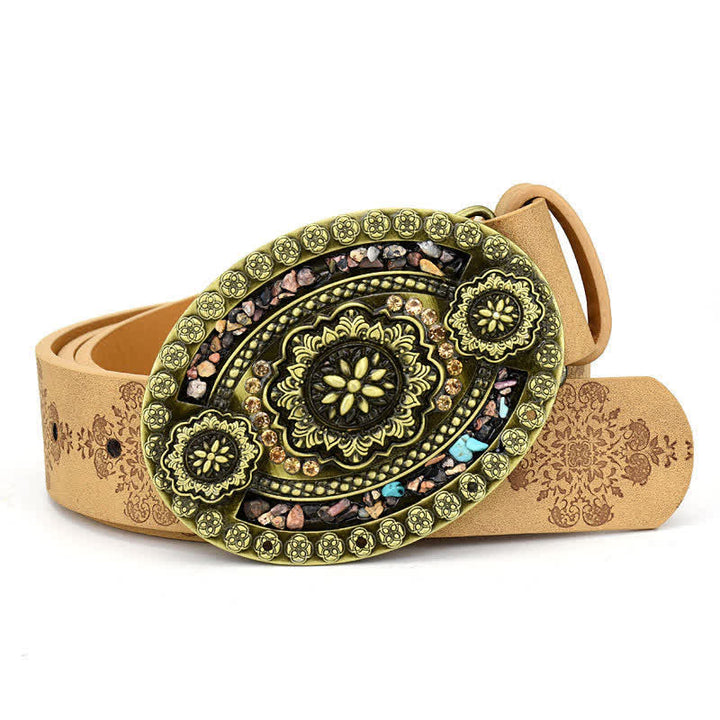 Women's Decorative Inlaid Color Stone Turquoise Leather Belt - Style #7 - Camel - 44" - image 14