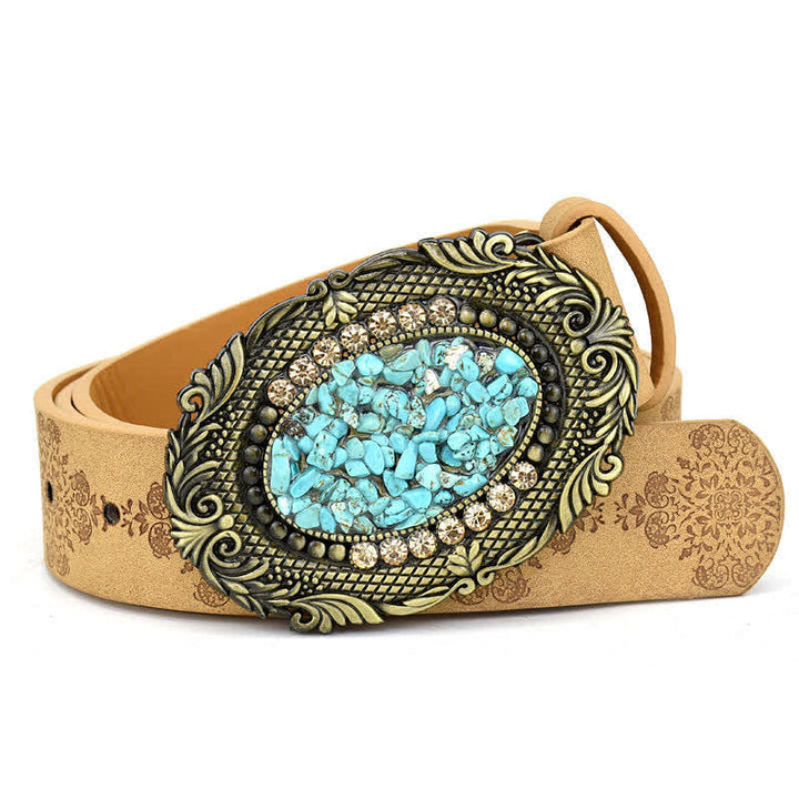 Women's Decorative Inlaid Color Stone Turquoise Leather Belt - Style #10 - Camel - 44" - image 20