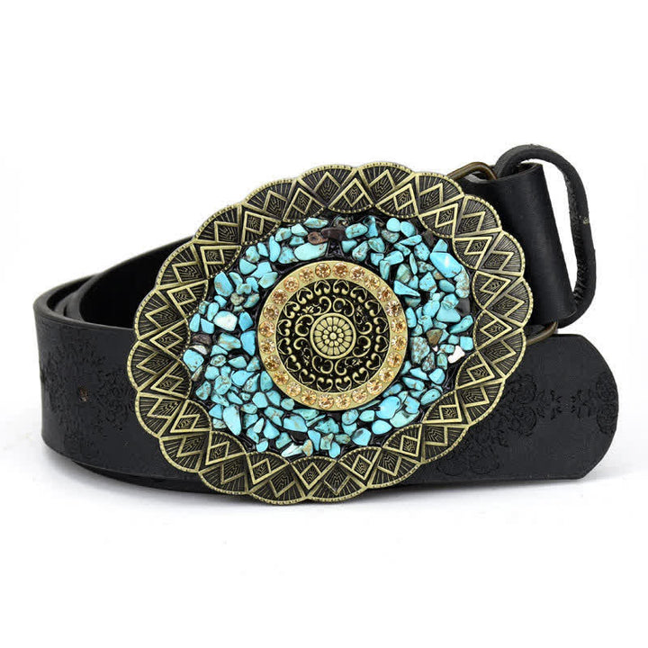 Women's Decorative Inlaid Color Stone Turquoise Leather Belt - Style #8 - Black - 44" - image 17