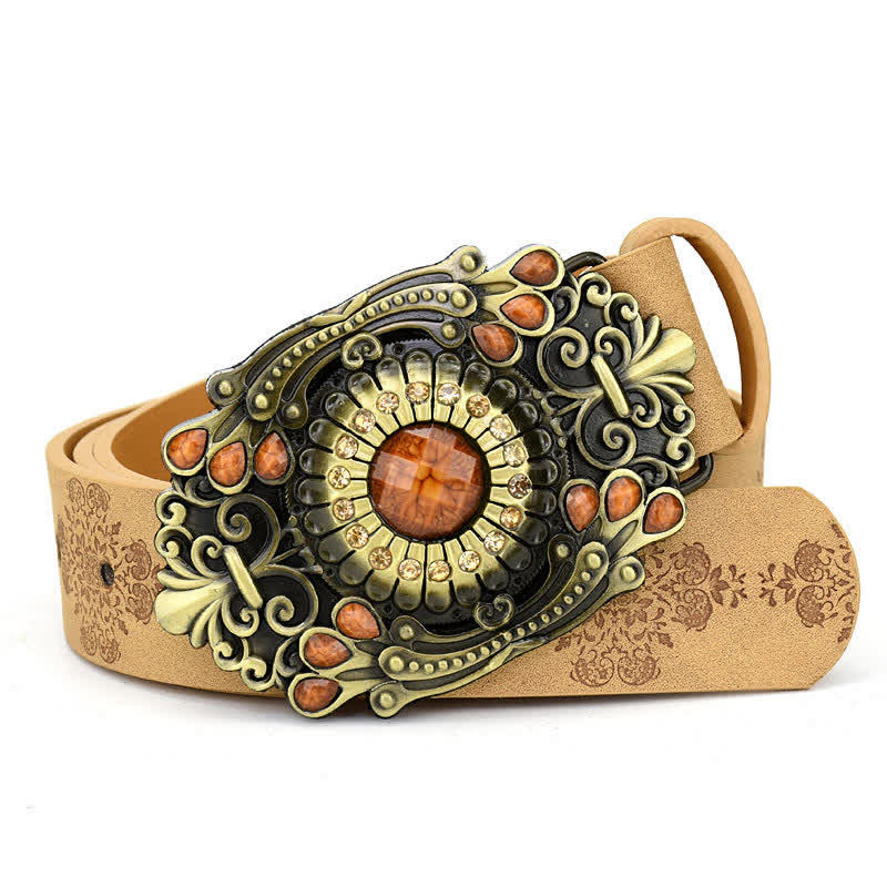 Women's Decorative Inlaid Color Stone Turquoise Leather Belt - Style #6 - Camel - 44" - image 12