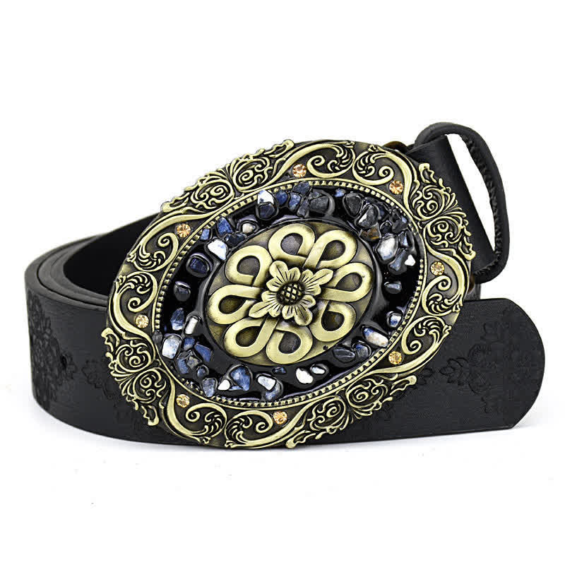 Women's Decorative Inlaid Color Stone Turquoise Leather Belt - Style #1 - Black - 44" - image 3
