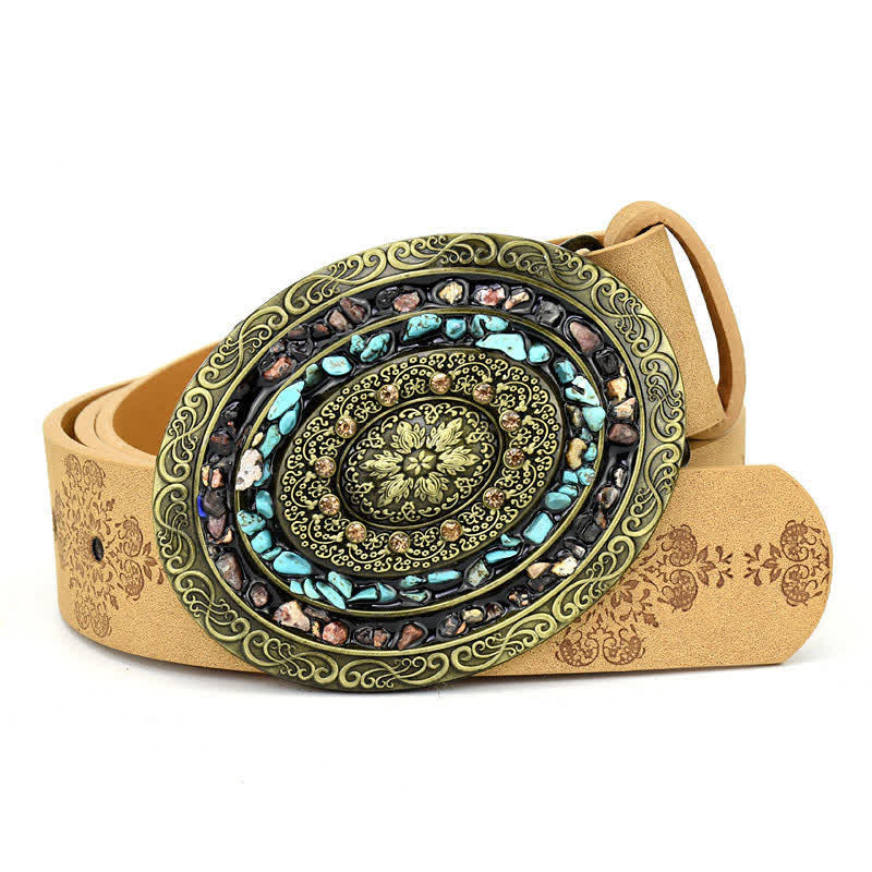 Women's Decorative Inlaid Color Stone Turquoise Leather Belt - Style #3 - Camel - 44" - image 6