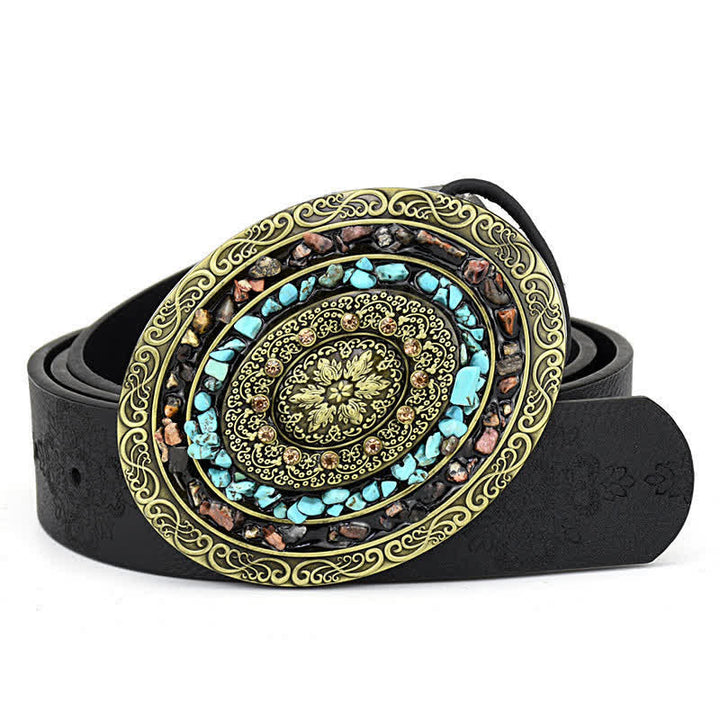 Women's Decorative Inlaid Color Stone Turquoise Leather Belt - Style #3 - Black - 44" - image 7