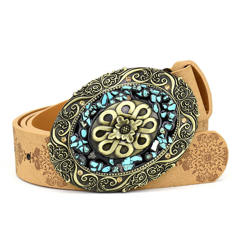 Women's Decorative Inlaid Color Stone Turquoise Leather Belt - Style #2 - Camel - 44" - image 4