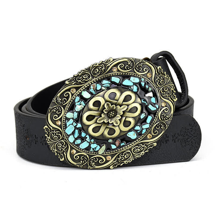 Women's Decorative Inlaid Color Stone Turquoise Leather Belt - Style #2 - Black - 44" - image 5