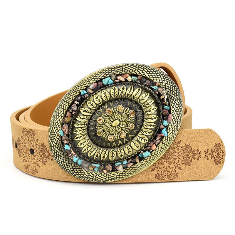 Women's Decorative Inlaid Color Stone Turquoise Leather Belt - Style #4 - Camel - 44" - image 8