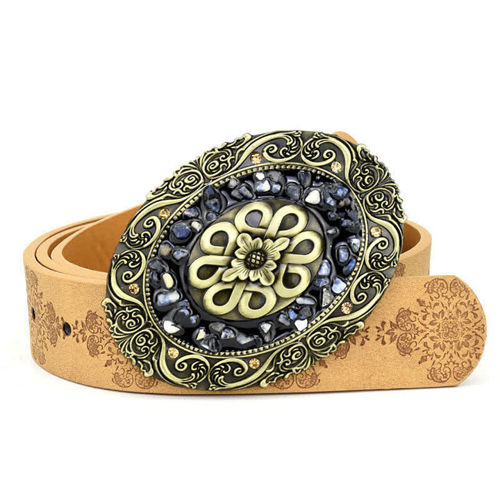 Women's Decorative Inlaid Color Stone Turquoise Leather Belt - Style #1 - Camel - 44" - image 0