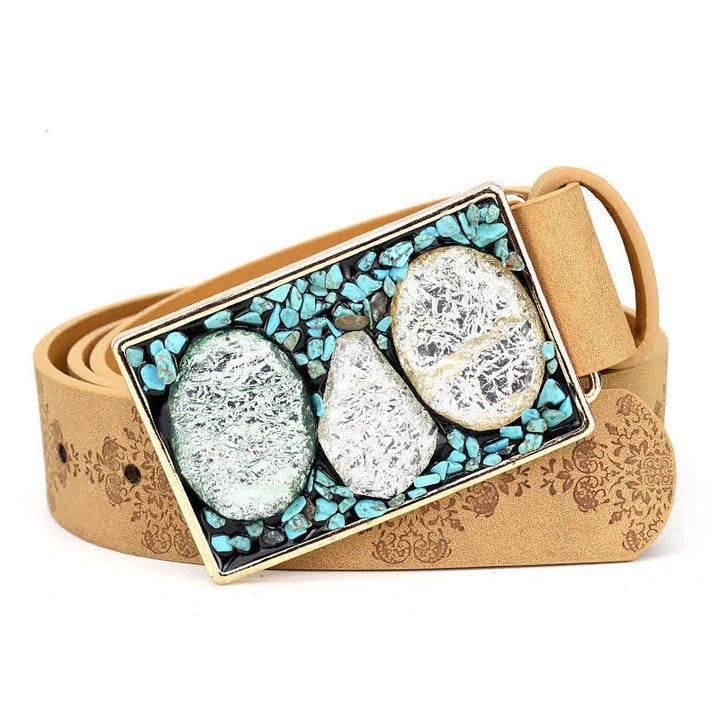 Women's Decorative Inlaid Color Stone Turquoise Leather Belt - Style #5 - Camel - 44" - image 10