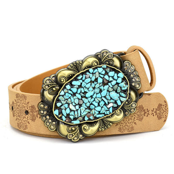 Women's Decorative Inlaid Color Stone Turquoise Leather Belt - Style #9 - Camel - 44" - image 18