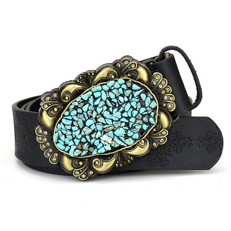 Women's Decorative Inlaid Color Stone Turquoise Leather Belt - Style #9 - Black - 44" - image 19