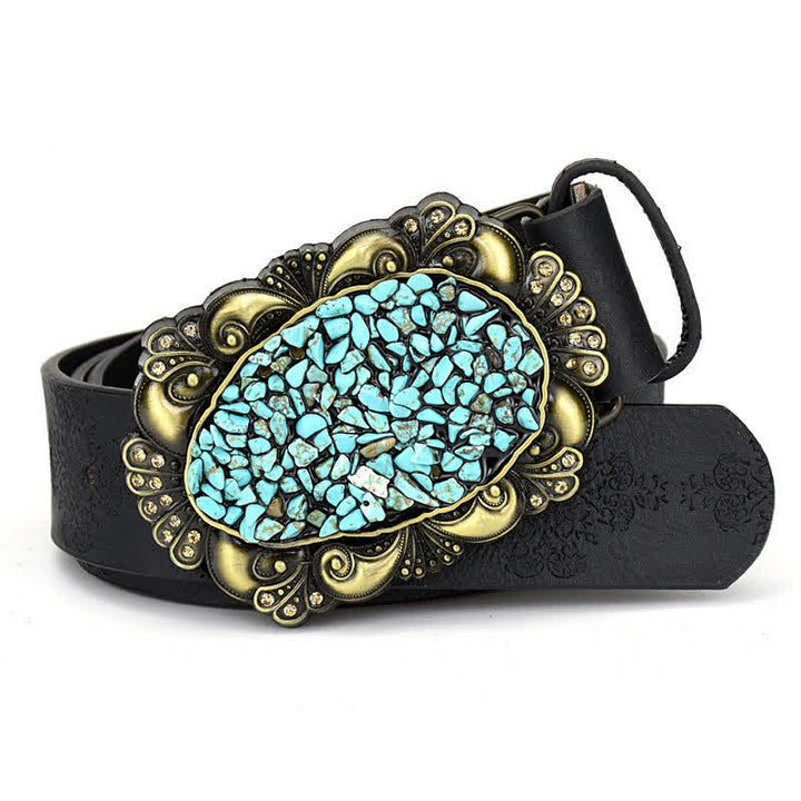 Women's Decorative Inlaid Color Stone Turquoise Leather Belt - Style #9 - Black - 44" - image 19