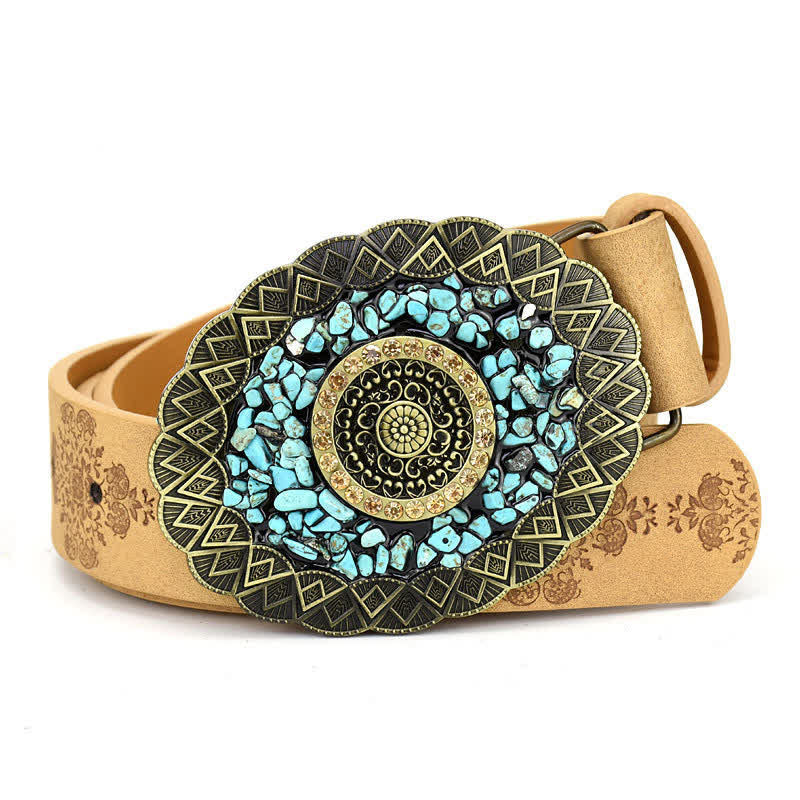 Women's Decorative Inlaid Color Stone Turquoise Leather Belt - Style #8 - Camel - 44" - image 16
