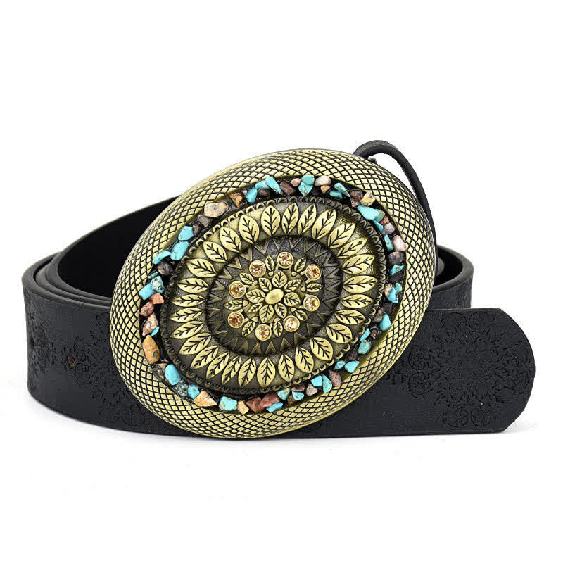 Women's Decorative Inlaid Color Stone Turquoise Leather Belt - Style #4 - Black - 44" - image 9