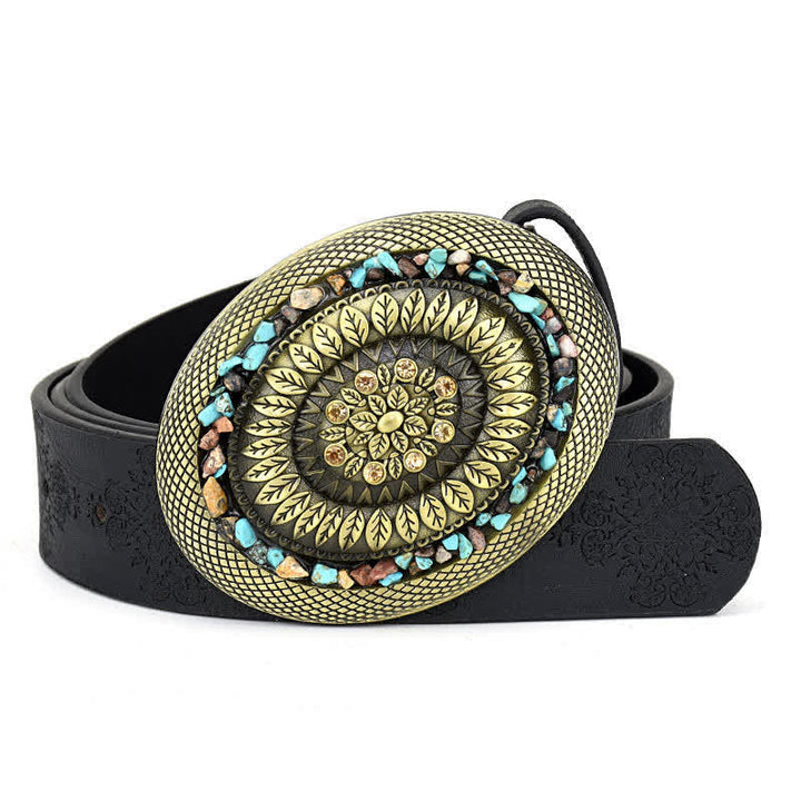 Women's Decorative Inlaid Color Stone Turquoise Leather Belt - Style #4 - Black - 44" - image 9