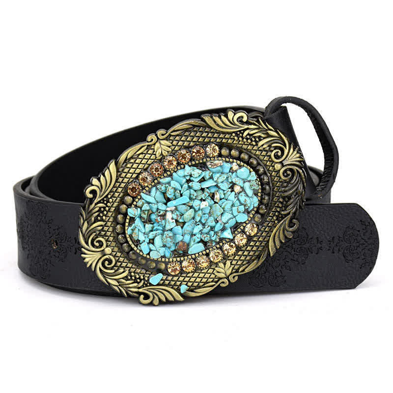 Women's Decorative Inlaid Color Stone Turquoise Leather Belt - Style #10 - Black - 44" - image 21
