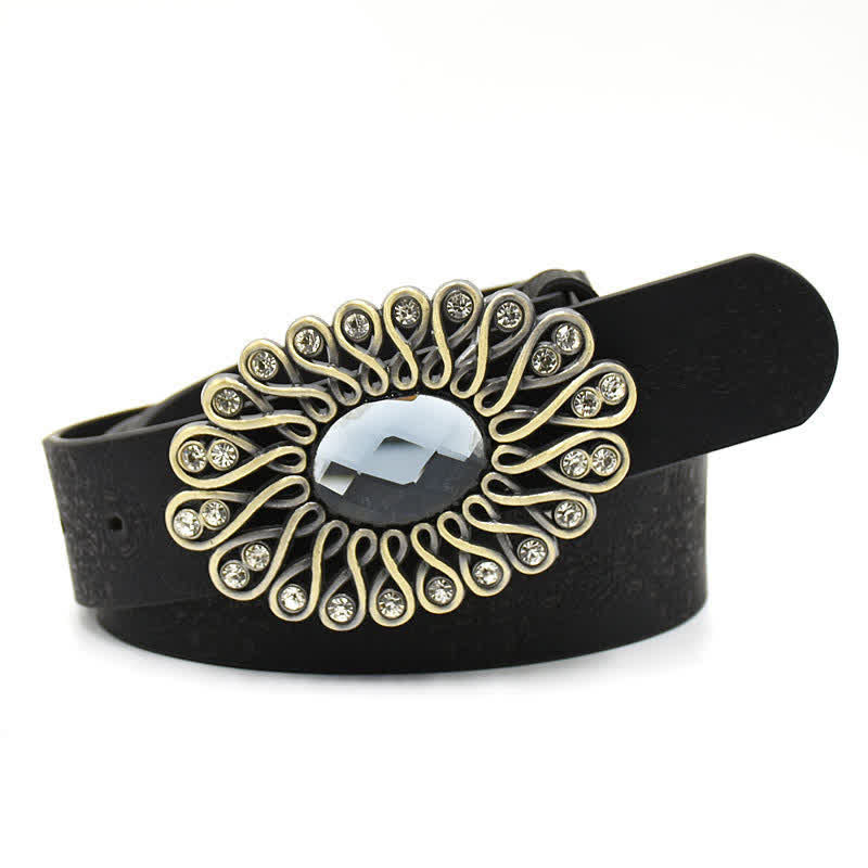 Women's Artificial Crystal Hollow Flower Buckle Leather Belt - Style #4 - Black - 44" - image 9