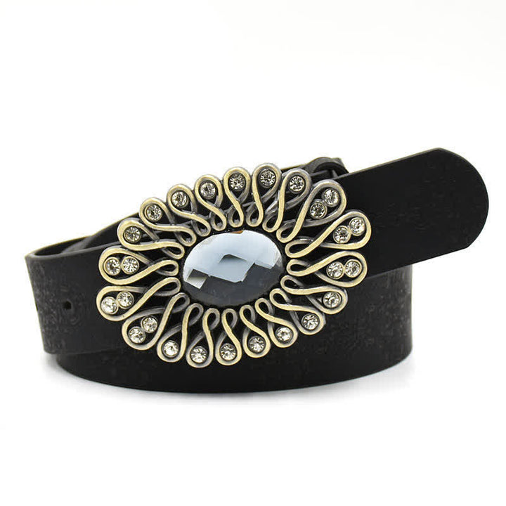 Women's Artificial Crystal Hollow Flower Buckle Leather Belt - Style #4 - Black - 44" - image 9
