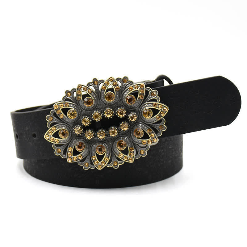 Women's Artificial Crystal Hollow Flower Buckle Leather Belt - Style #1 - Black - 44" - image 3