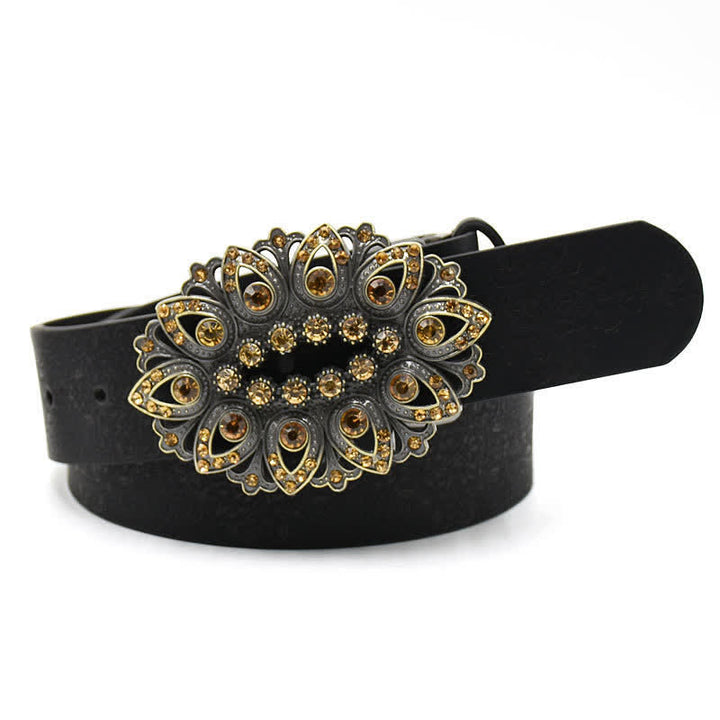 Women's Artificial Crystal Hollow Flower Buckle Leather Belt - Style #1 - Black - 44" - image 3