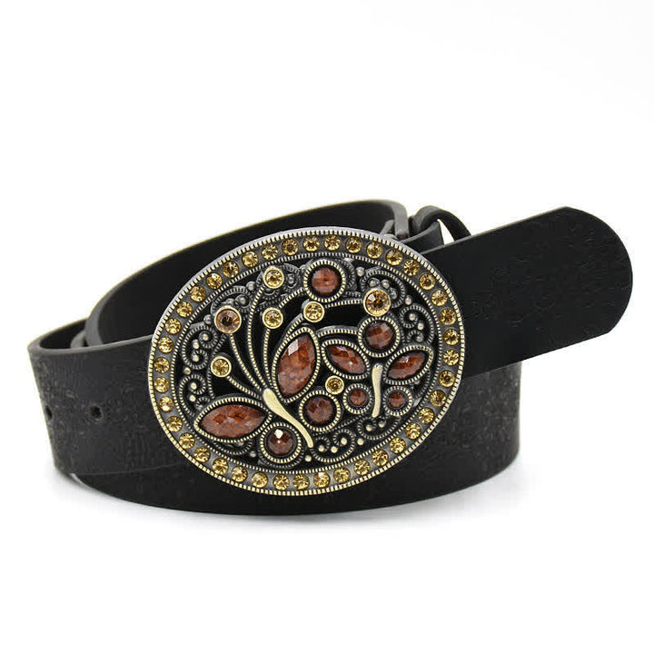 Women's Artificial Crystal Hollow Flower Buckle Leather Belt - Style #7 - Black - 44" - image 15