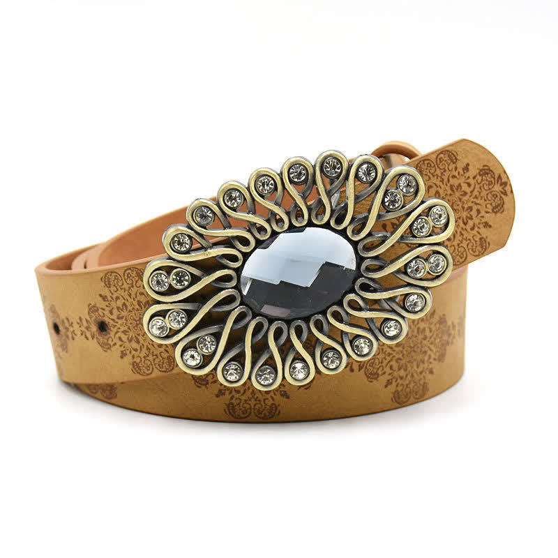 Women's Artificial Crystal Hollow Flower Buckle Leather Belt - Style #4 - Camel - 44" - image 8