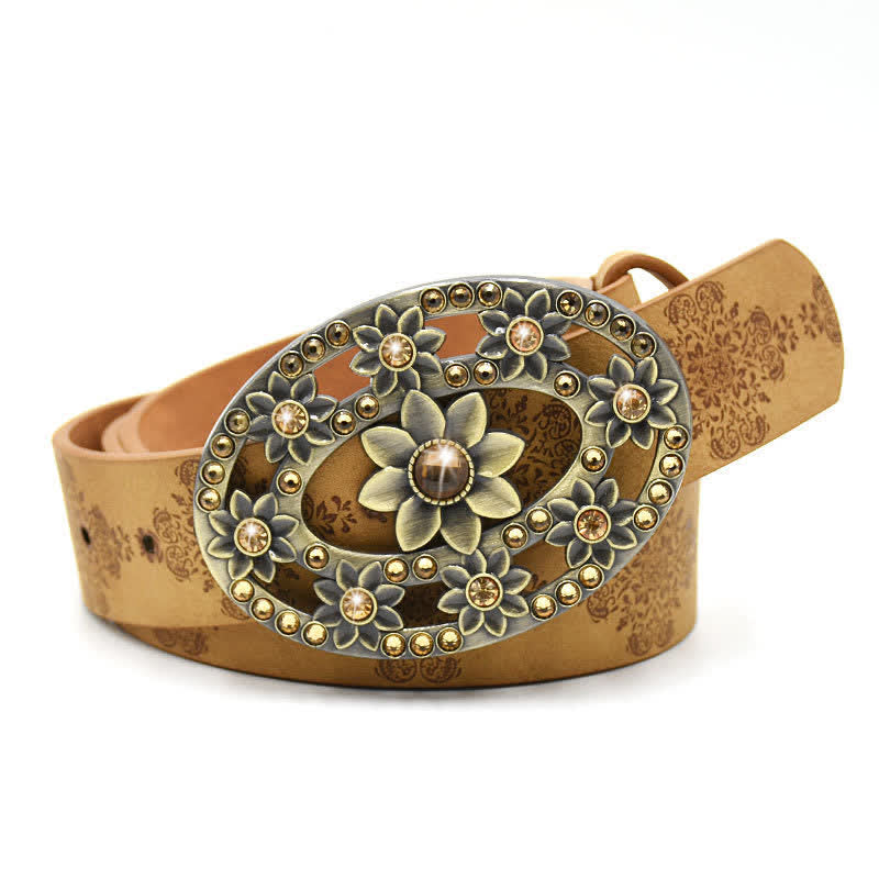 Women's Artificial Crystal Hollow Flower Buckle Leather Belt - Style #6 - Camel - 44" - image 12